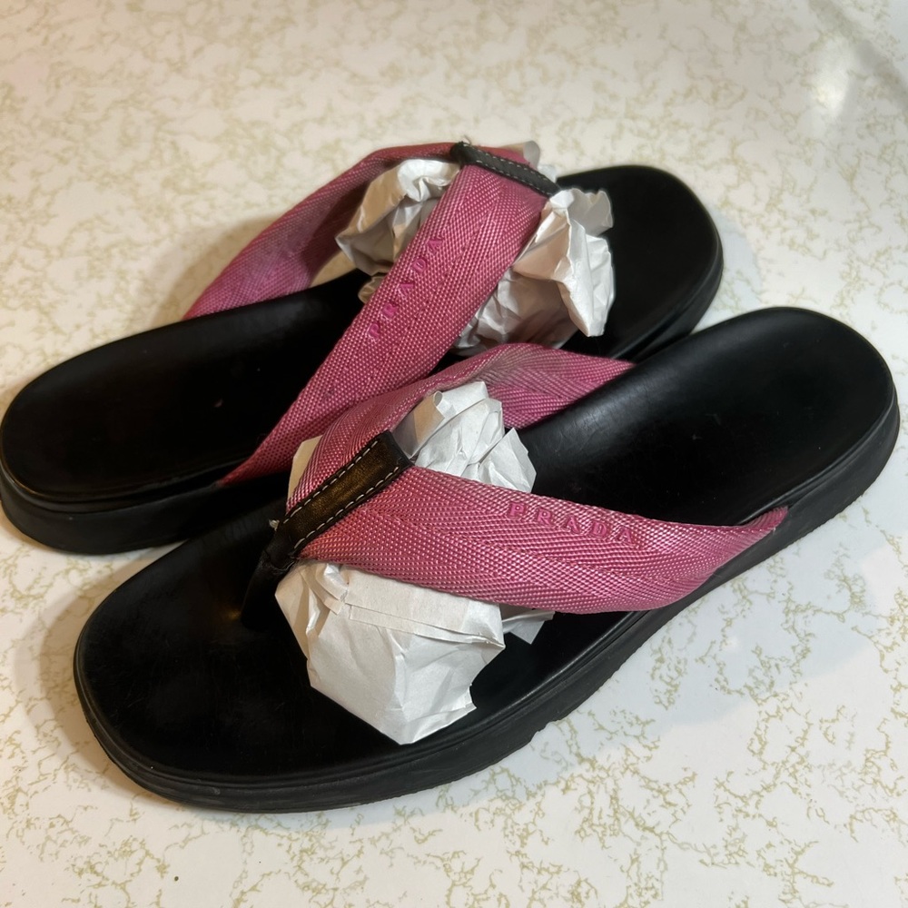 PRADA Pink Canvas Thong Sandals